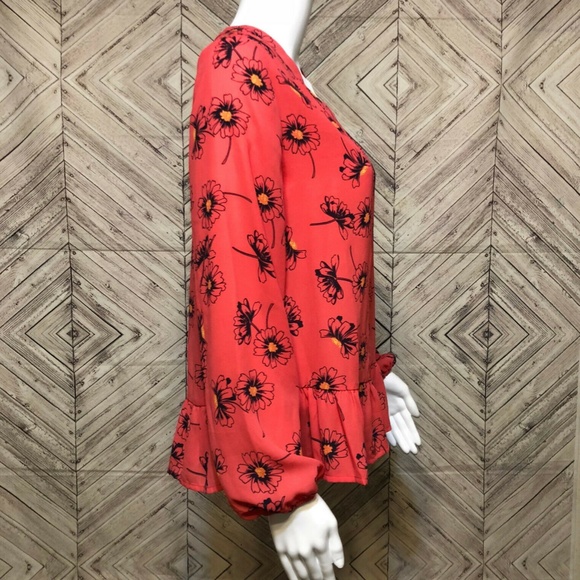 Gap Pink Long Sleeve V Neck Poppy Flower Print Peplum Pullover Blouse Women's S - Picture 3 of 5